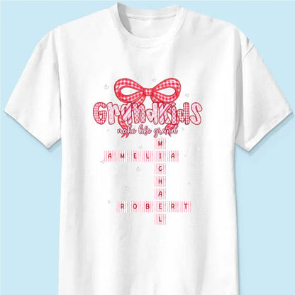 Grandkids Make Life Grand Preppy Valentine Pattern Crossword Puzzle Art - Personalized T-Shirt - Valentine's Day Gift For Grandma