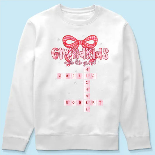 Grandkids Make Life Grand Preppy Valentine Pattern Crossword Puzzle Art - Personalized Sweatshirt - Valentine's Day Gift For Grandma