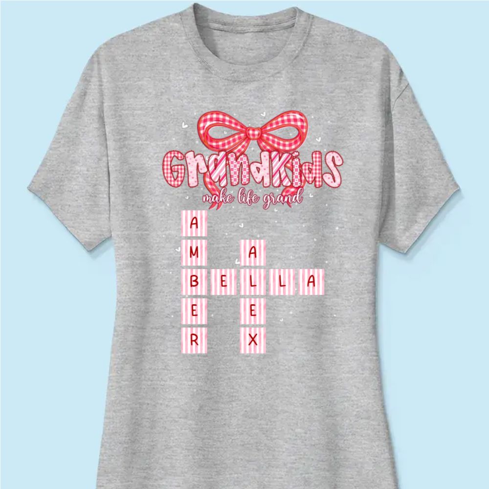 Grandkids Make Life Grand Preppy Valentine Pattern Crossword Puzzle Art - Personalized Women Tee - Valentine's Day Gift For Grandma