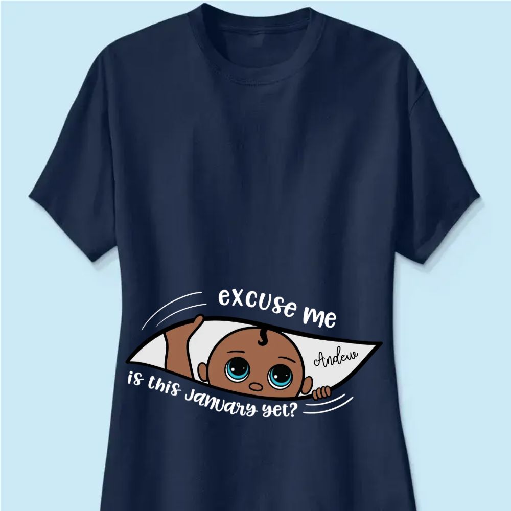 Personalized Maternity Dark Shirt, Excuse Me Is It Yet, Pregnancy Announcement, Expecting Parents - Woman Tee