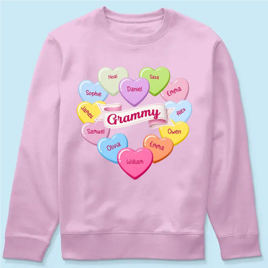 Grandma's Sweethearts Conversation Hearts Grandkids Names Valentine's Day - Personalized SweatShirt