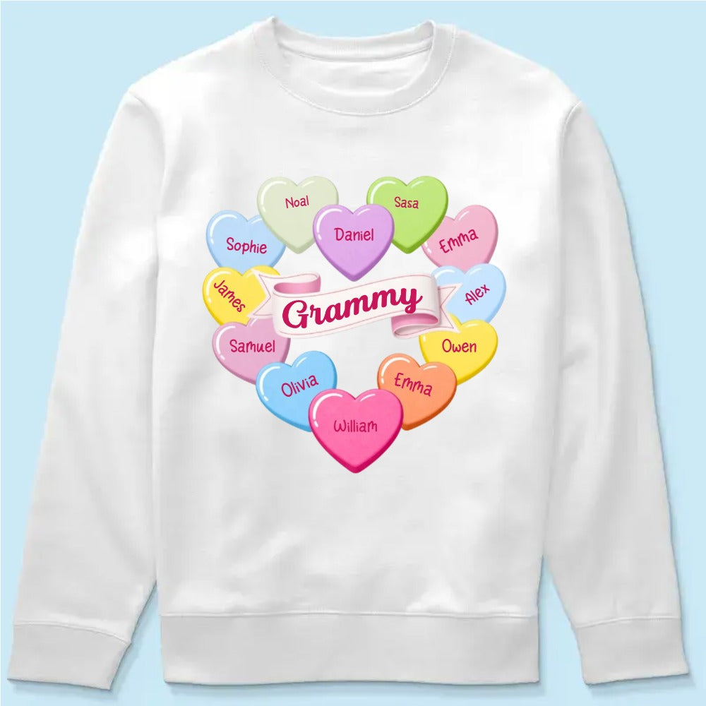 Grandma's Sweethearts Conversation Hearts Grandkids Names Valentine's Day - Personalized SweatShirt