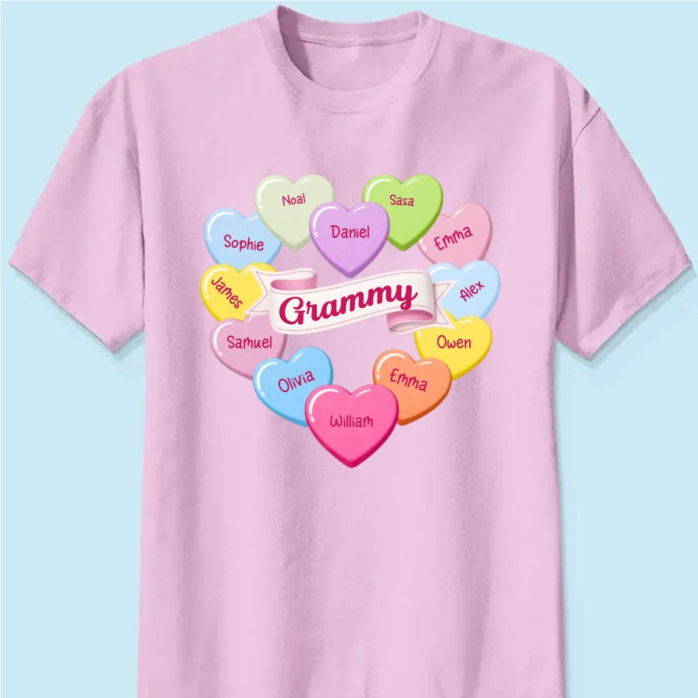 Grandma's Sweethearts Conversation Hearts Grandkids Names Valentine's Day - Personalized Basic T-Shirt