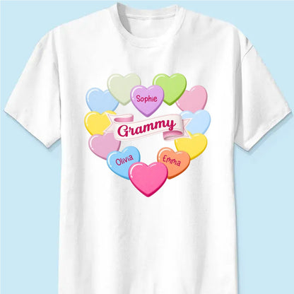 Grandma's Sweethearts Conversation Hearts Grandkids Names Valentine's Day - Personalized Basic T-Shirt