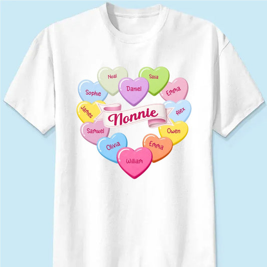 Grandma's Sweethearts Conversation Hearts Grandkids Names Valentine's Day - Personalized Basic T-Shirt