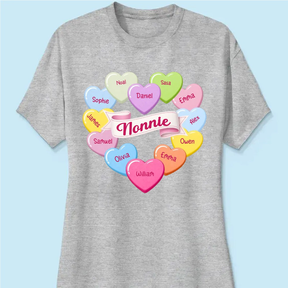 Grandma's Sweethearts Conversation Hearts Grandkids Names Valentine's Day - Personalized Woman Tee