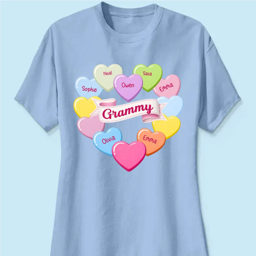 Grandma's Sweethearts Conversation Hearts Grandkids Names Valentine's Day - Personalized Woman Tee