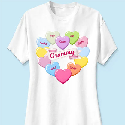 Grandma's Sweethearts Conversation Hearts Grandkids Names Valentine's Day - Personalized Woman Tee