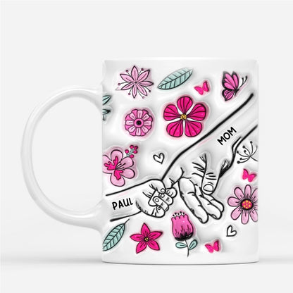 [3D printing effect] Personalized Mom Mug - Holding Hands with Pink Flowers