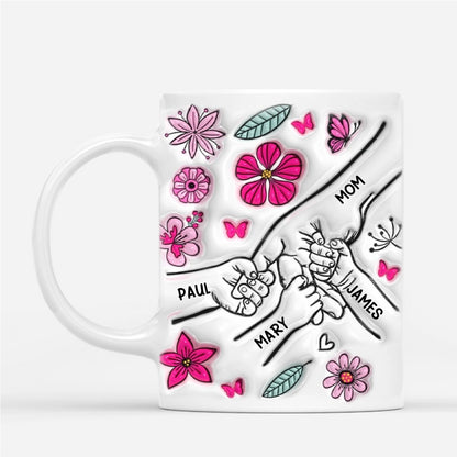[3D printing effect] Personalized Mom Mug - Holding Hands with Pink Flowers