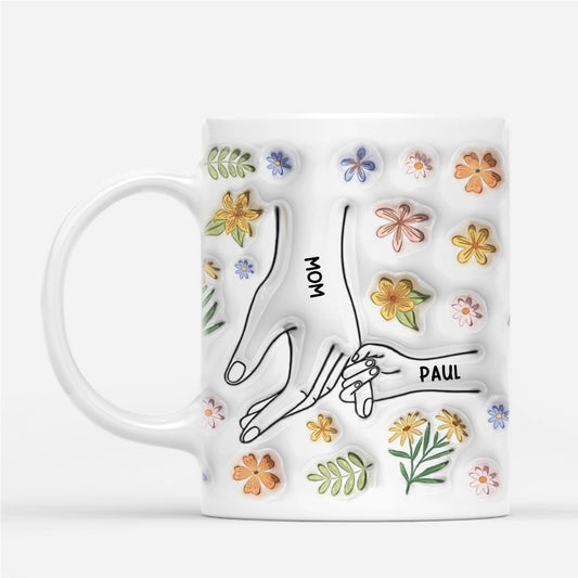 Personalized Grandma Mug 3D Effect - Grandchildren Holding Grandma's Hand With Flowers