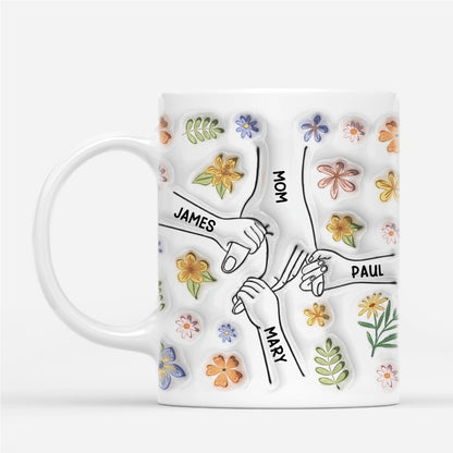 Personalized Grandma Mug 3D Effect - Grandchildren Holding Grandma's Hand With Flowers