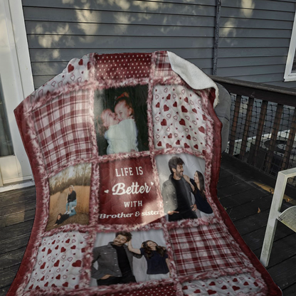 Custom Photo “Sisters & Brothers Will Always Be Connected By Heart” – Personalized Fleece & Sherpa Blanket