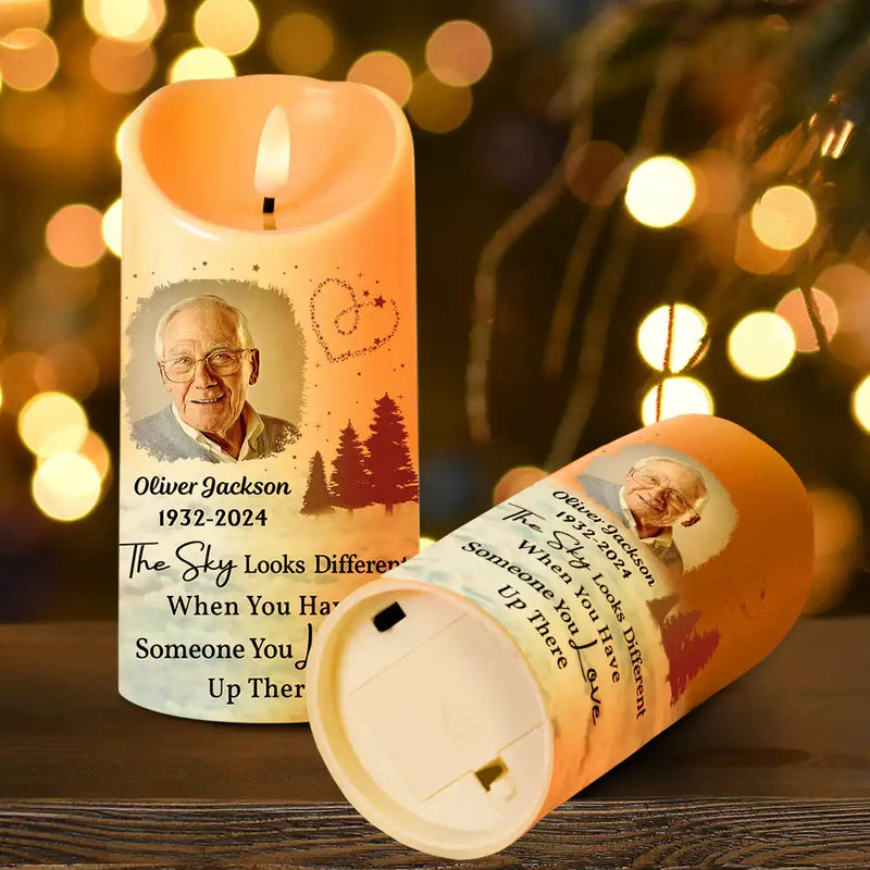 Personalized Memorial LED Candle – Custom Photo “The Sky Looks Different” Family Remembrance Gift