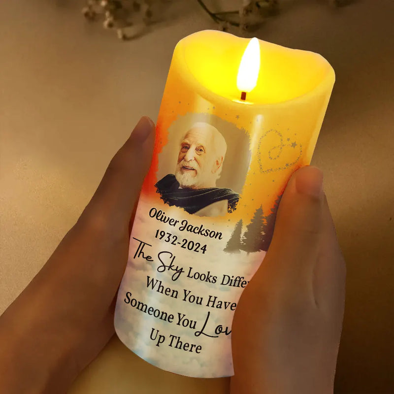 Personalized Memorial LED Candle – Custom Photo “The Sky Looks Different” Family Remembrance Gift