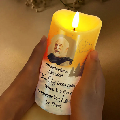 Personalized Memorial LED Candle – Custom Photo “The Sky Looks Different” Family Remembrance Gift