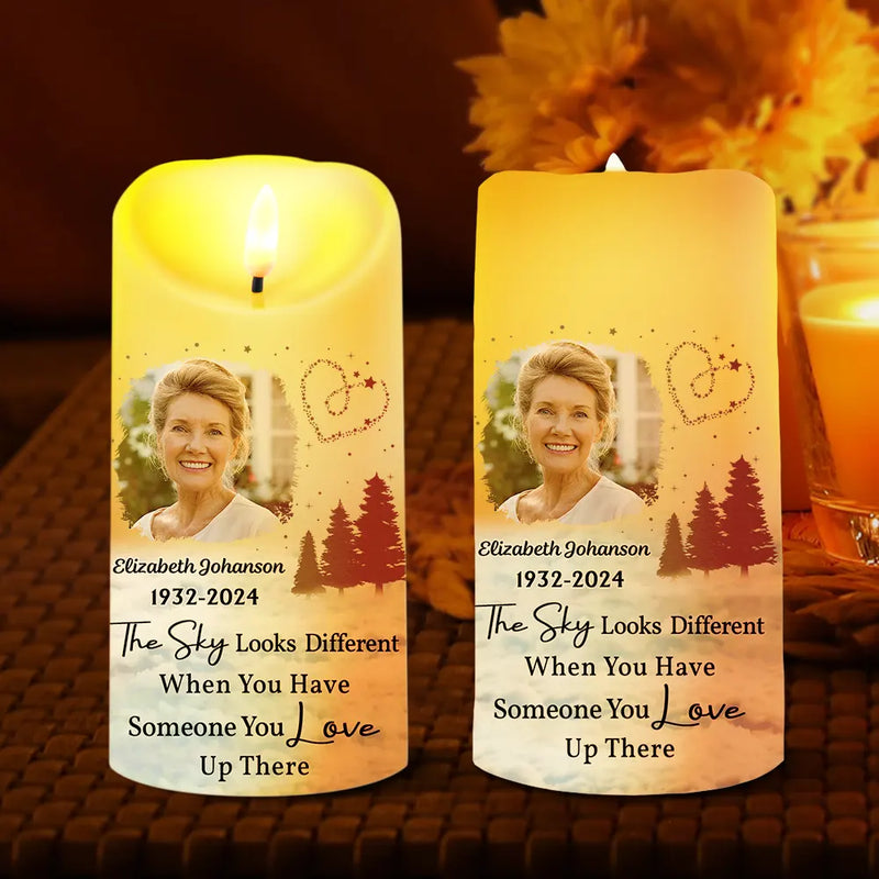 Personalized Memorial LED Candle – Custom Photo “The Sky Looks Different” Family Remembrance Gift