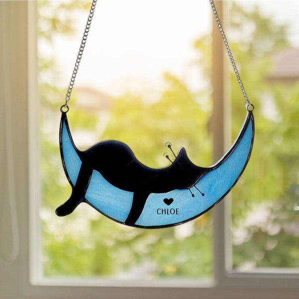 Cute Sleepy Cat Window Suncatcher – Personalized Gift for Cat Lovers