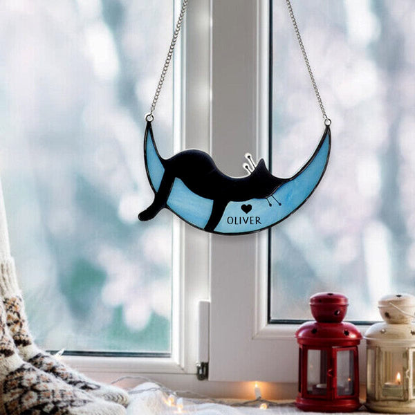 Cute Sleepy Cat Window Suncatcher – Personalized Gift for Cat Lovers