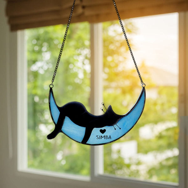 Cute Sleepy Cat Window Suncatcher – Personalized Gift for Cat Lovers
