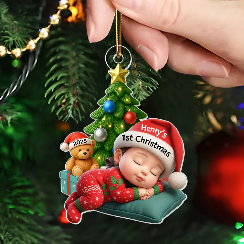 Sleeping Baby in Christmas Pajama Personalized Acrylic Ornament, Baby's 1st Christmas