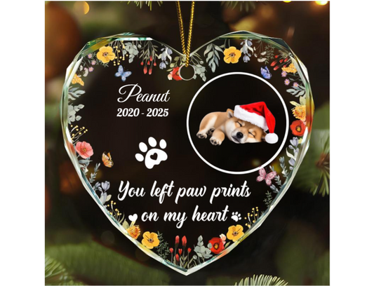 Custom Photo Dog Cat Memorial You Left Paw Prints On My Heart - Personalized Heart Shaped Glass Ornament