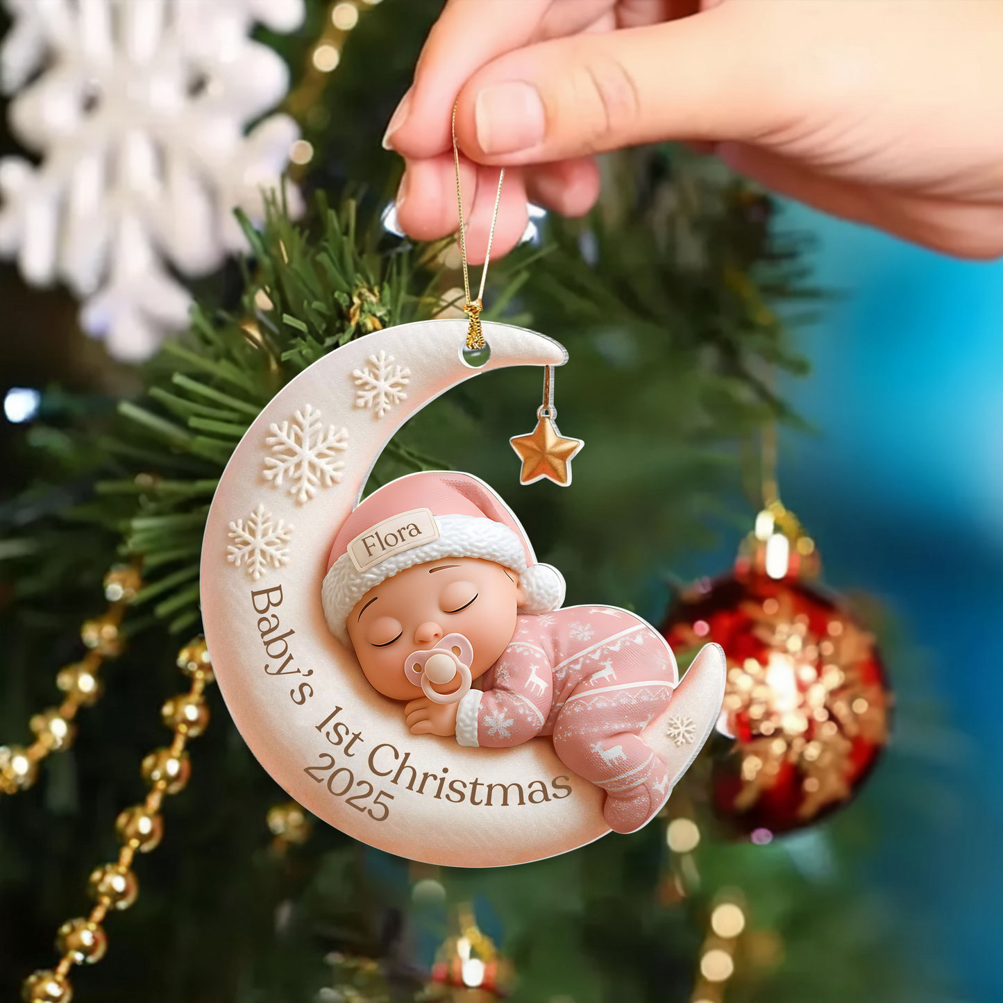 Baby’s First Christmas Ornament - Custom Moon Acrylic Keepsake, Personalized Newborn Gift, Unique Holiday Decoration - Gift Christmas 2025 - Personalized Acrylic Custom Shape Ornament 3sz