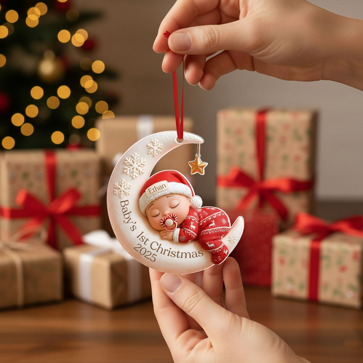 Baby’s First Christmas Ornament - Custom Moon Acrylic Keepsake, Personalized Newborn Gift, Unique Holiday Decoration - Gift Christmas 2025 - Personalized Acrylic Custom Shape Ornament 3sz