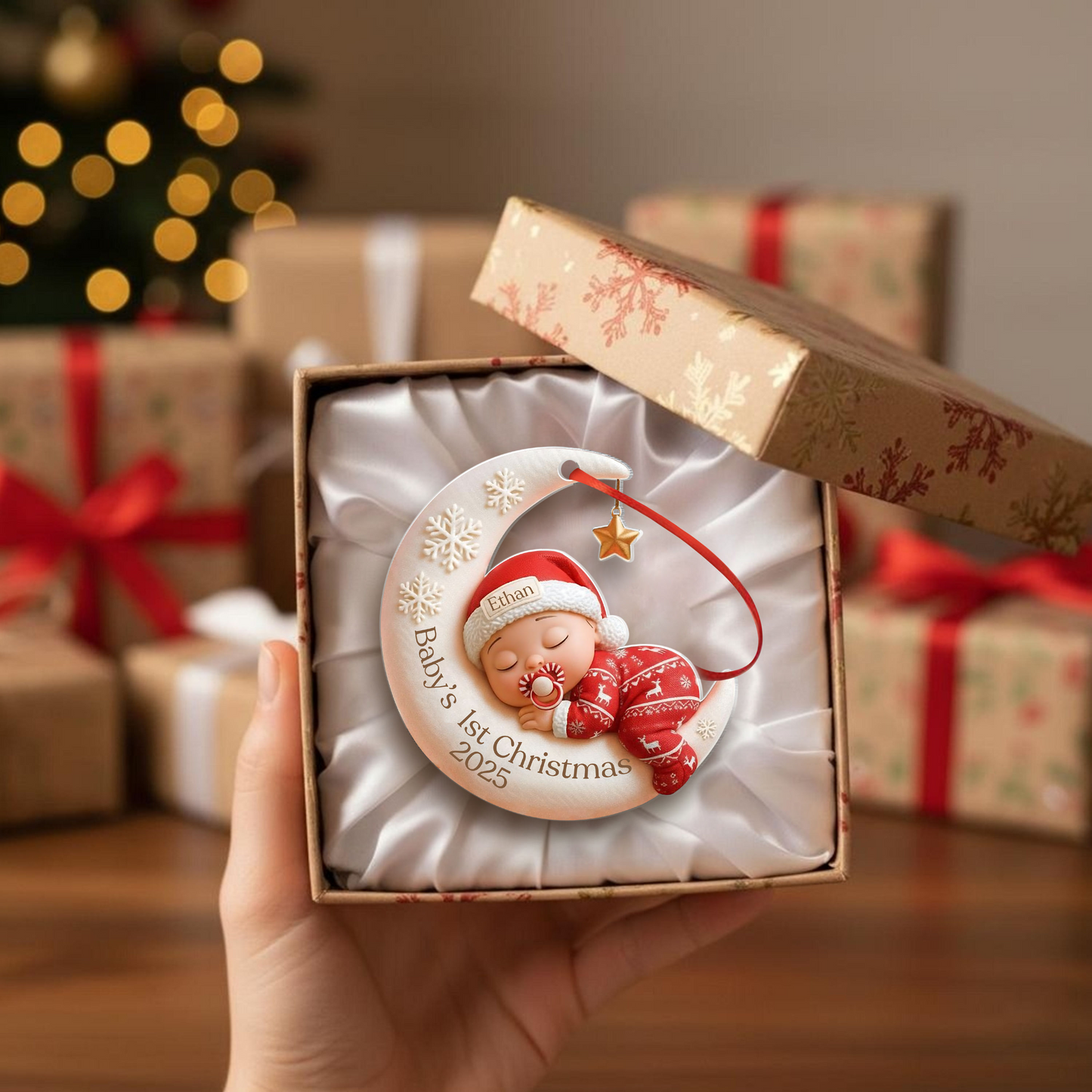 Baby’s First Christmas Ornament - Custom Moon Acrylic Keepsake, Personalized Newborn Gift, Unique Holiday Decoration - Gift Christmas 2025 - Personalized Acrylic Custom Shape Ornament 3sz