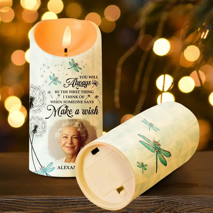 Custom Photo Memorial LED Candle – Personalized Dandelion “Make A Wish” Flameless Candle Keepsake