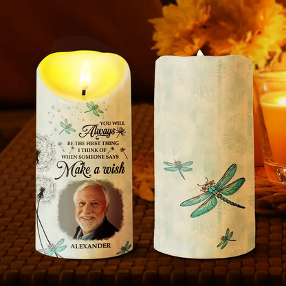Custom Photo Memorial LED Candle – Personalized Dandelion “Make A Wish” Flameless Candle Keepsake