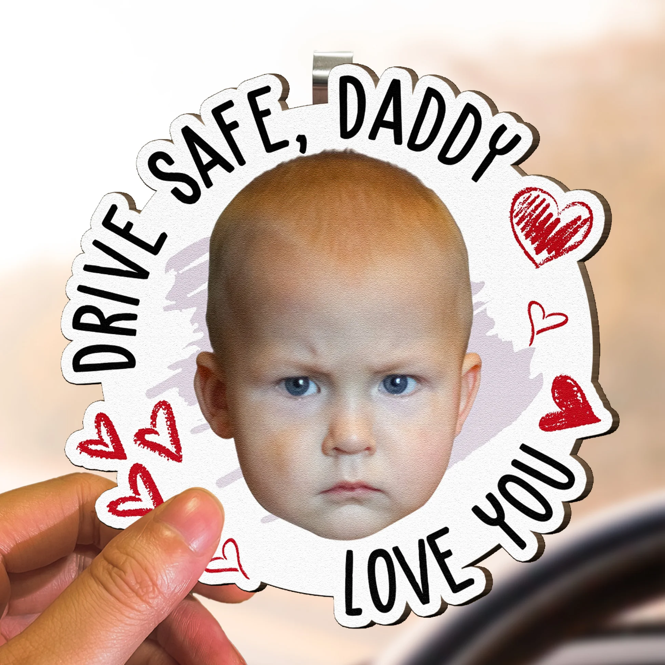 Drive Safe, Daddy Fun Kid Faces Gift for Dad, Mom, Grandparents - Personalized Wooden Photo Car Visor Clip