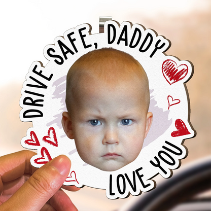 Drive Safe, Daddy Fun Kid Faces Gift for Dad, Mom, Grandparents - Personalized Wooden Photo Car Visor Clip