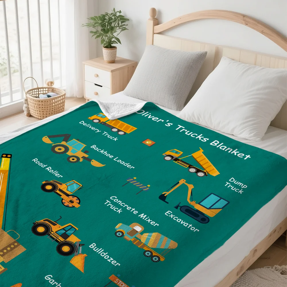 Personalised Cartoon Construction Lorrys Soft Throw Blanket with Text Home Decor Birthday Gift for Boys Lorry Lovers- Personalized Fleece Blanket, Sherpa Blanket