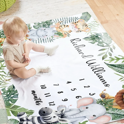 Personalised Tropical Rainforest Lion Zebra Milestone Blanket with Name Baby Shower New Mom Gift for Newborn - Personalized Fleece Blanket, Sherpa Blanket