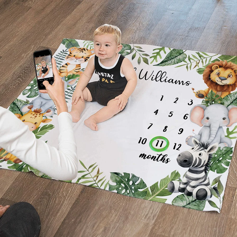 Personalised Tropical Rainforest Lion Zebra Milestone Blanket with Name Baby Shower New Mom Gift for Newborn - Personalized Fleece Blanket, Sherpa Blanket