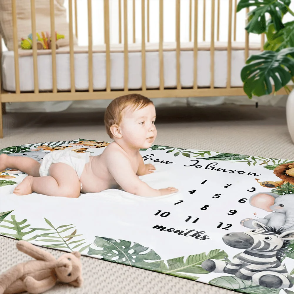 Personalised Tropical Rainforest Lion Zebra Milestone Blanket with Name Baby Shower New Mom Gift for Newborn - Personalized Fleece Blanket, Sherpa Blanket