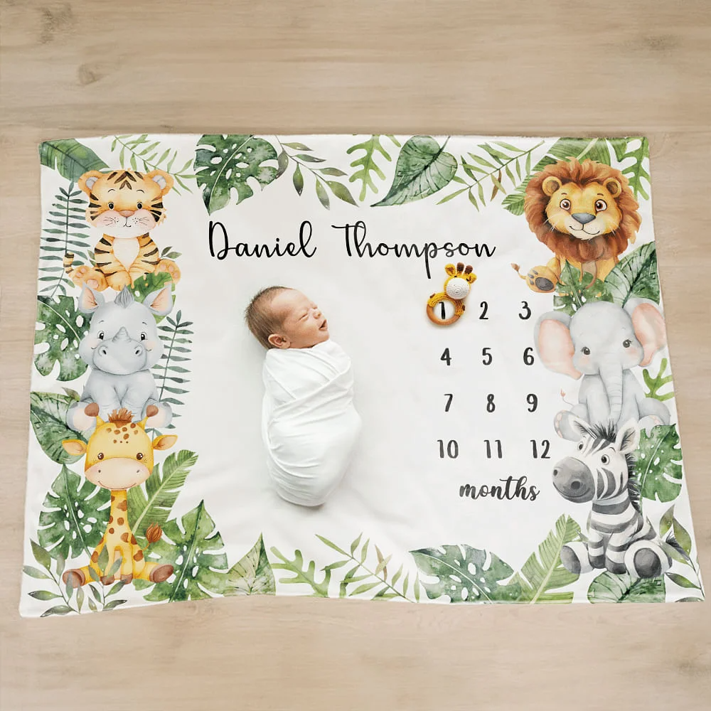 Personalised Tropical Rainforest Lion Zebra Milestone Blanket with Name Baby Shower New Mom Gift for Newborn - Personalized Fleece Blanket, Sherpa Blanket