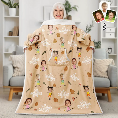 Custom Photo Best Dad Grandpa Mom Grandma Ever - Personalized Wearable Blanket With Sleeves