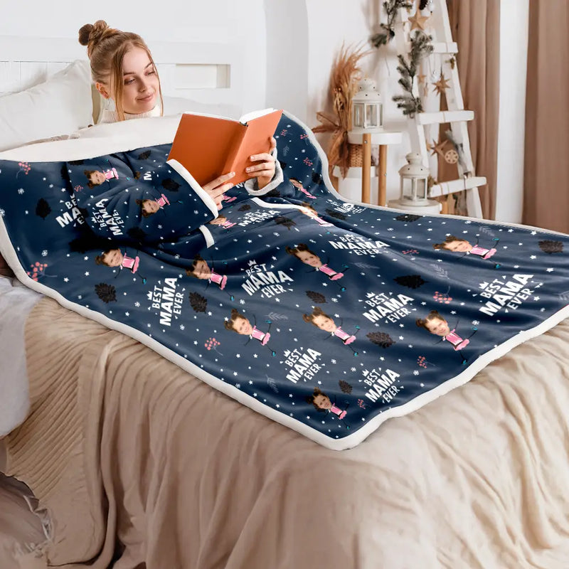 Custom Photo Best Dad Grandpa Mom Grandma Ever - Personalized Wearable Blanket With Sleeves