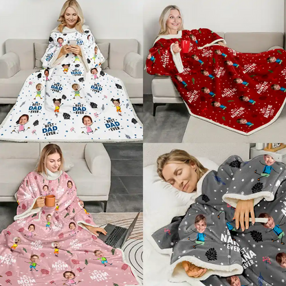 Custom Photo Best Dad Grandpa Mom Grandma Ever - Personalized Wearable Blanket With Sleeves