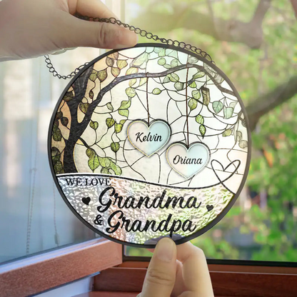 Grandkids Make Life Grand We Love Nana And Papa - Personalized Stained Glass Window Hanging Suncatcher