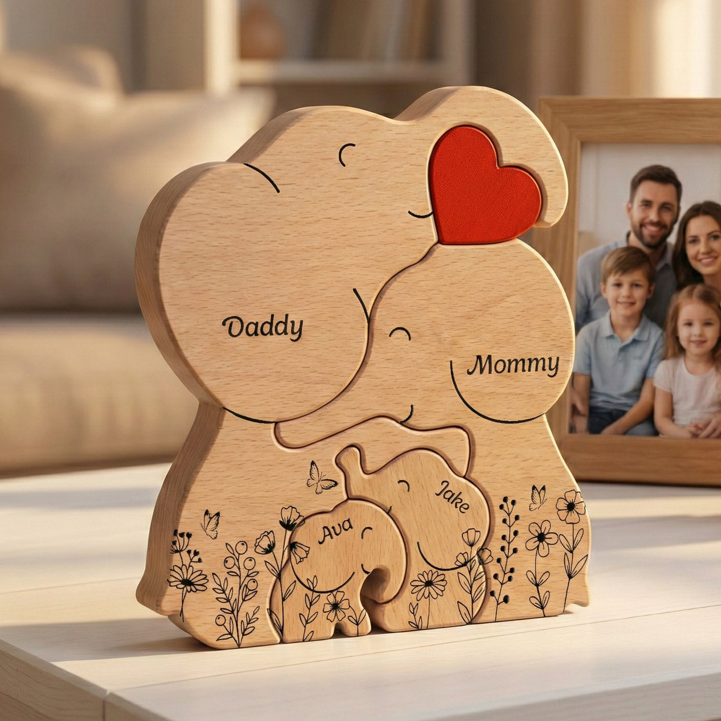 Elephant Family Parents & Kids - Custom Names - Mother's Day Gift - Personalized Wooden Family Puzzle