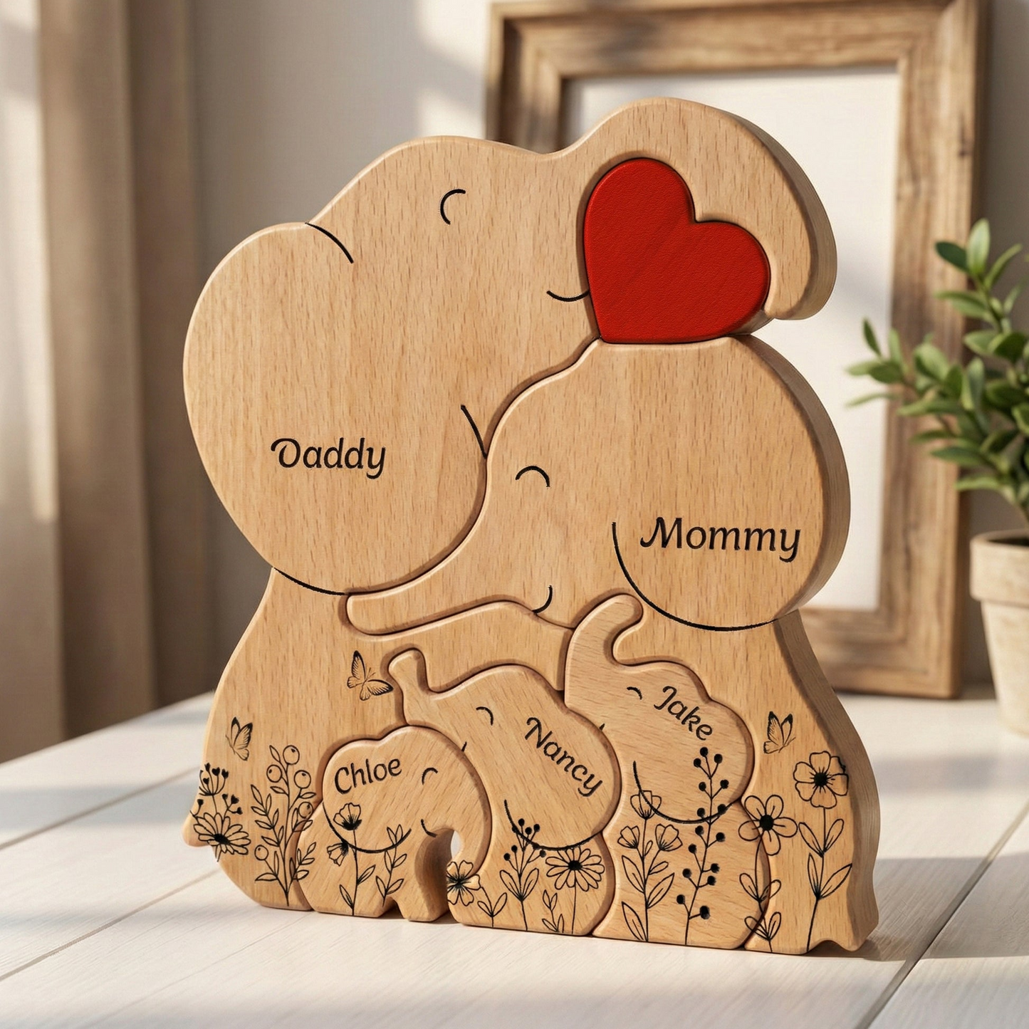 Elephant Family Parents & Kids - Custom Names - Mother's Day Gift - Personalized Wooden Family Puzzle