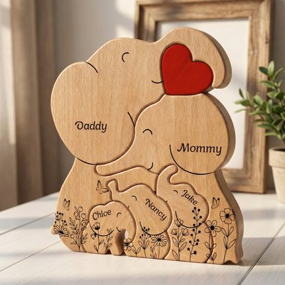 Elephant Family Parents & Kids - Custom Names - Mother's Day Gift - Personalized Wooden Family Puzzle