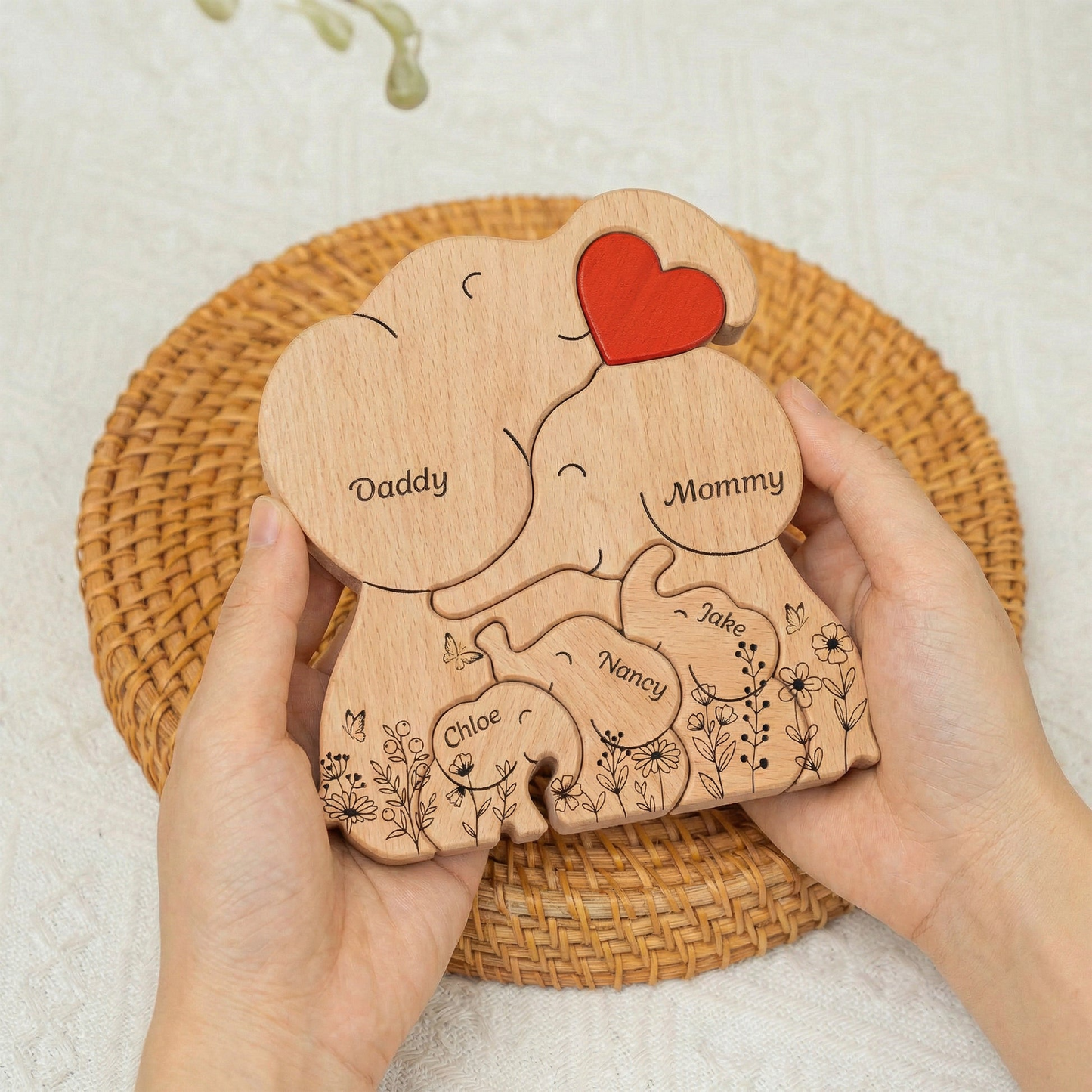 Elephant Family Parents & Kids - Custom Names - Mother's Day Gift - Personalized Wooden Family Puzzle