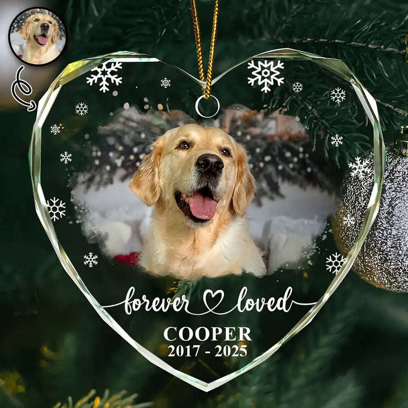 Custom Photo Forever Loved Memorial Dog Cat - Personalized Heart Shaped Glass Ornament