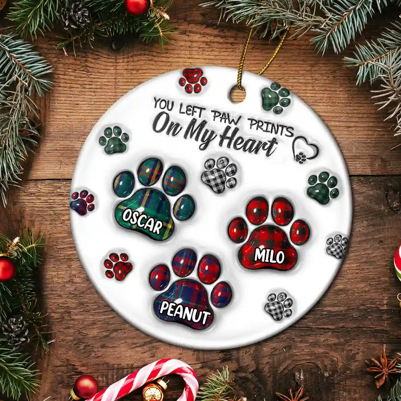 Memorial Dog Cat You Left Paw Prints On My Heart - 3D Inflated Effect Printed Ornament, Personalized Circle Ceramic Ornament