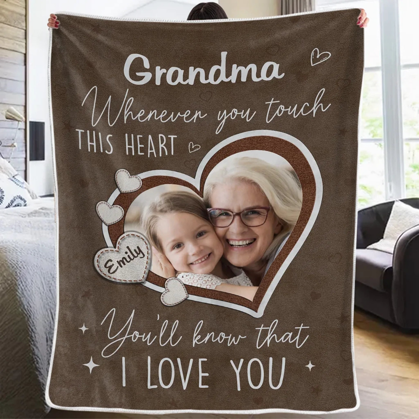 Custom Photo Touch This Heart, Feel Our Love - Family Personalized Custom Blanket - Gift For Mom, Grandma