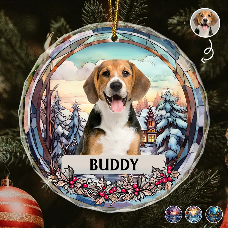Custom Photo Christmas Memorial Family Dog Cat - Personalized Circle Glass Ornament